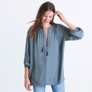 NWT Madewell Blue Lace-Up Peasant Top Blouse